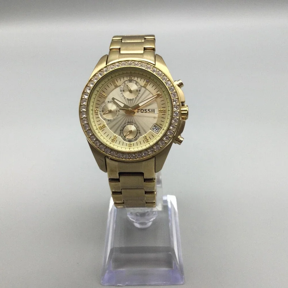 Fossil ES2683 Womens Watch 37mm Chronograph Gold Tone Crystals New Battery 7.25